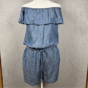 NWT Tommy Bahama Chambray Short Ruffle Romper Womens Small Blue Preppy Beach